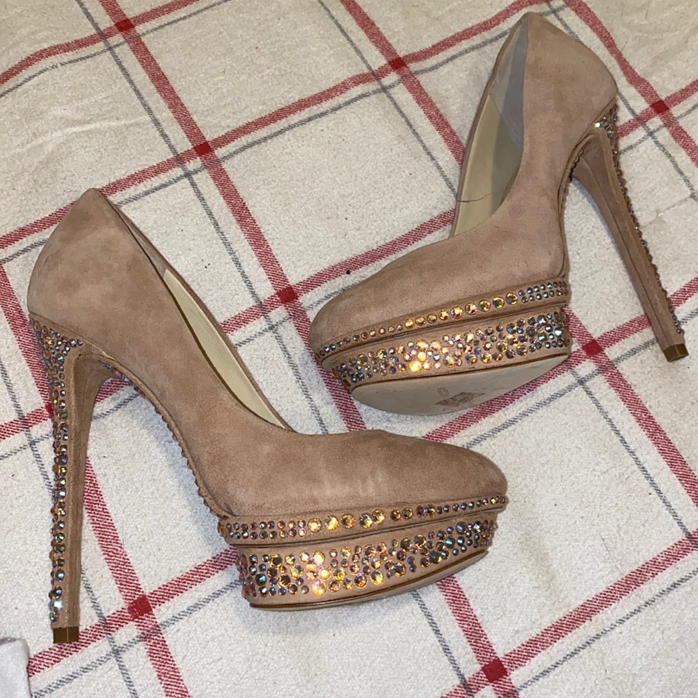 Tan rhinestone platform pumps
